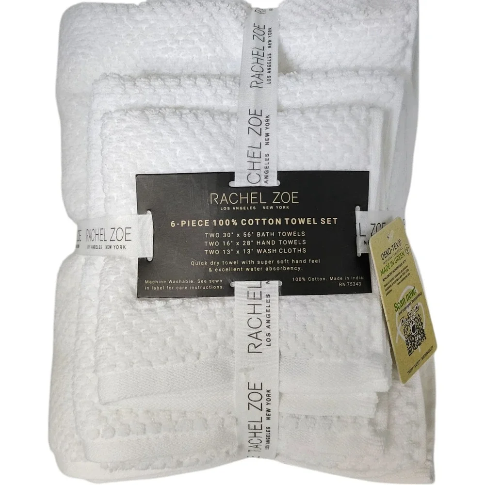 Rachel Zoe 6pc White Cotton Towel‎ Set 2 Bath 2 Hand 2 Washcloths